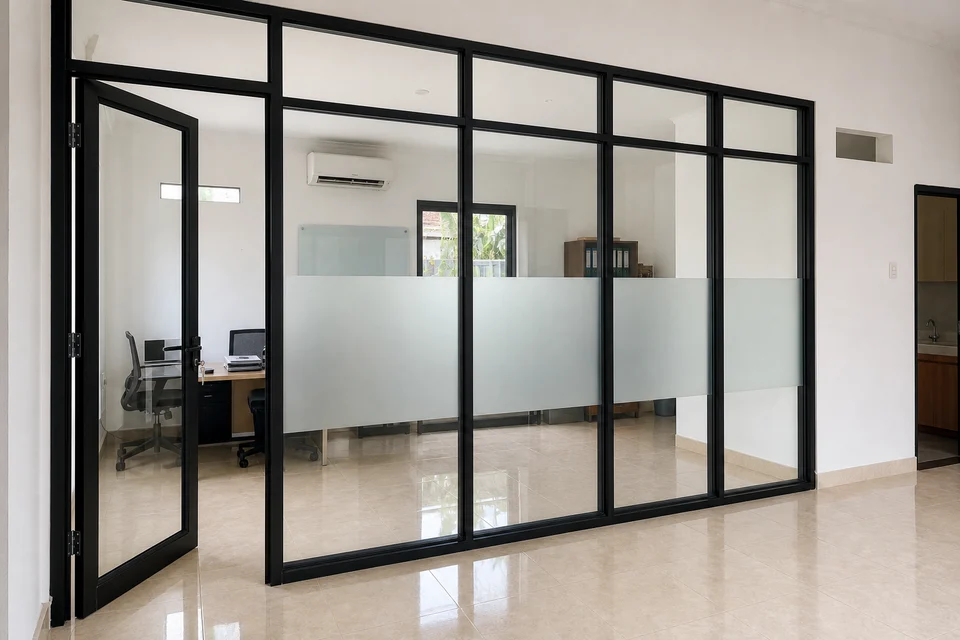 Partisi kaca berbingkai aluminium pada interior