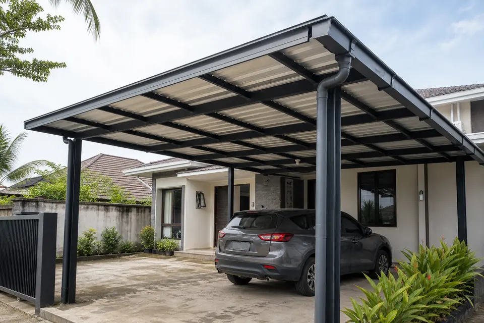Kanopi dan atap pelindung pada bagian depan rumah