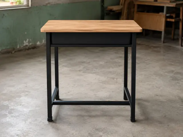 Meja siswa single kayu natural dengan rangka besi hitam di ruang kelas sederhana